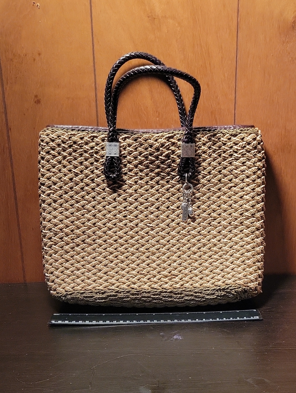 Brighton Woven Straw Tote Bag with Black Braided Handles